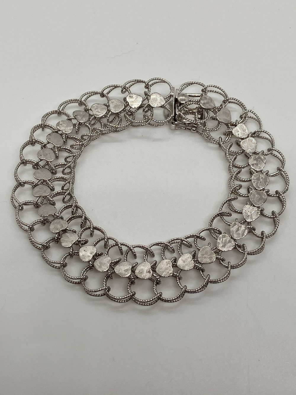 Vtg Airflex STG Sterling Wide Double Circle Link Heart Charm Bracelet | 8.4” L